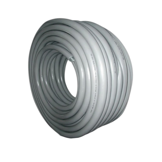 A coiled roll of light gray flexible tubing on a plain white background.
