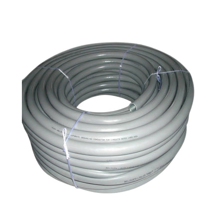 A coiled roll of gray PVC conduit pipe secured with white plastic ties, shown against a plain white background.
