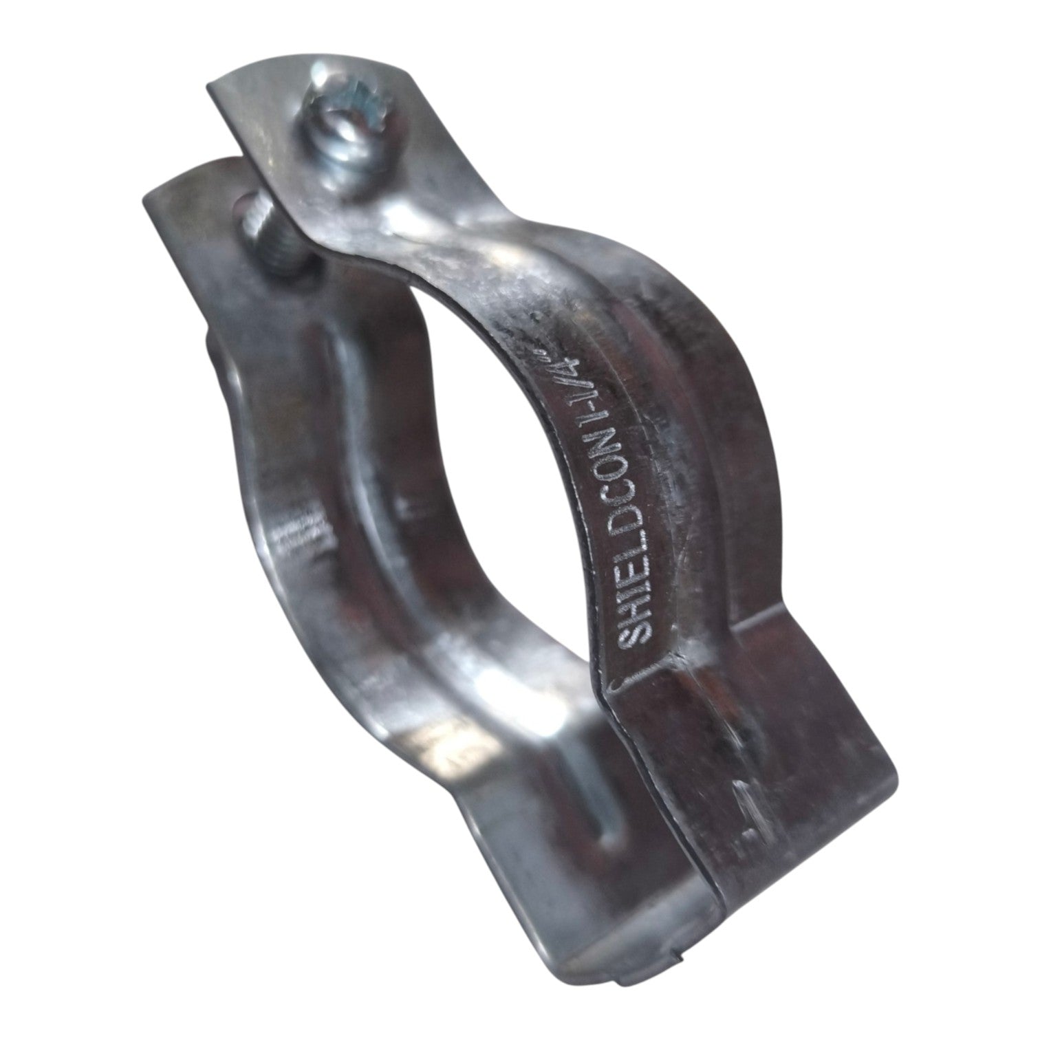 A metal pipe clamp with a wing nut, featuring the text 'SHELDON CONY LAY' stamped on the side, shown on a plain white background.