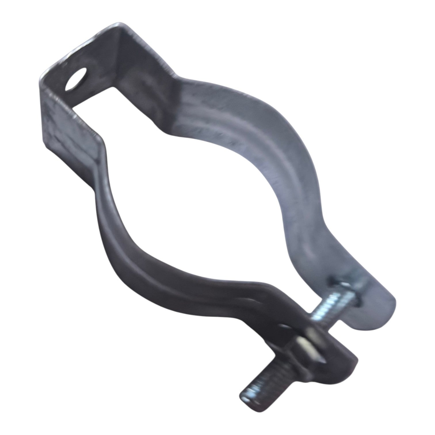 A galvanized steel pipe clamp with a wing nut fastener, shown on a plain white background.