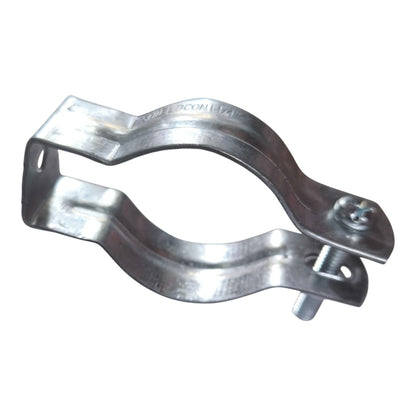 A galvanized steel pipe clamp with a threaded bolt fastener, shown on a plain white background.