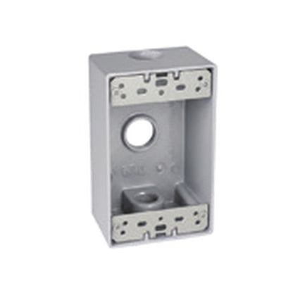 A silver-gray metal electrical junction box with a circular opening in the center and mounting slots on the front, shown on a plain white background.
