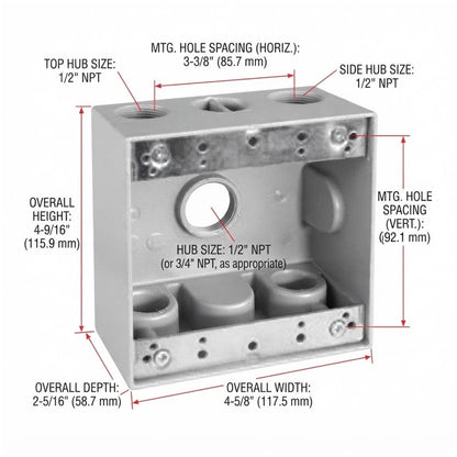 A dimensional diagram of a metal mounting bracket or enclosure with labeled measurements for overall height, width, depth, and hub spacing, shown on a white background.