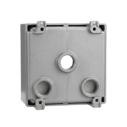 A gray plastic junction box cover with a central circular opening and three bottom mounting holes, shown on a plain white background.