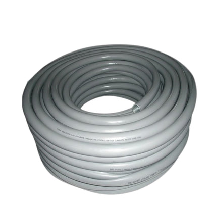 A coiled gray electrical cable or conduit on a plain white background.