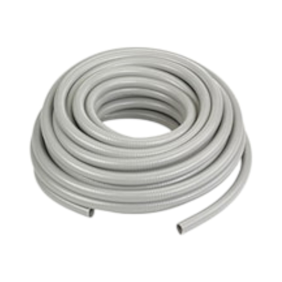 A coiled light gray corrugated plastic hose or tube on a plain white background.