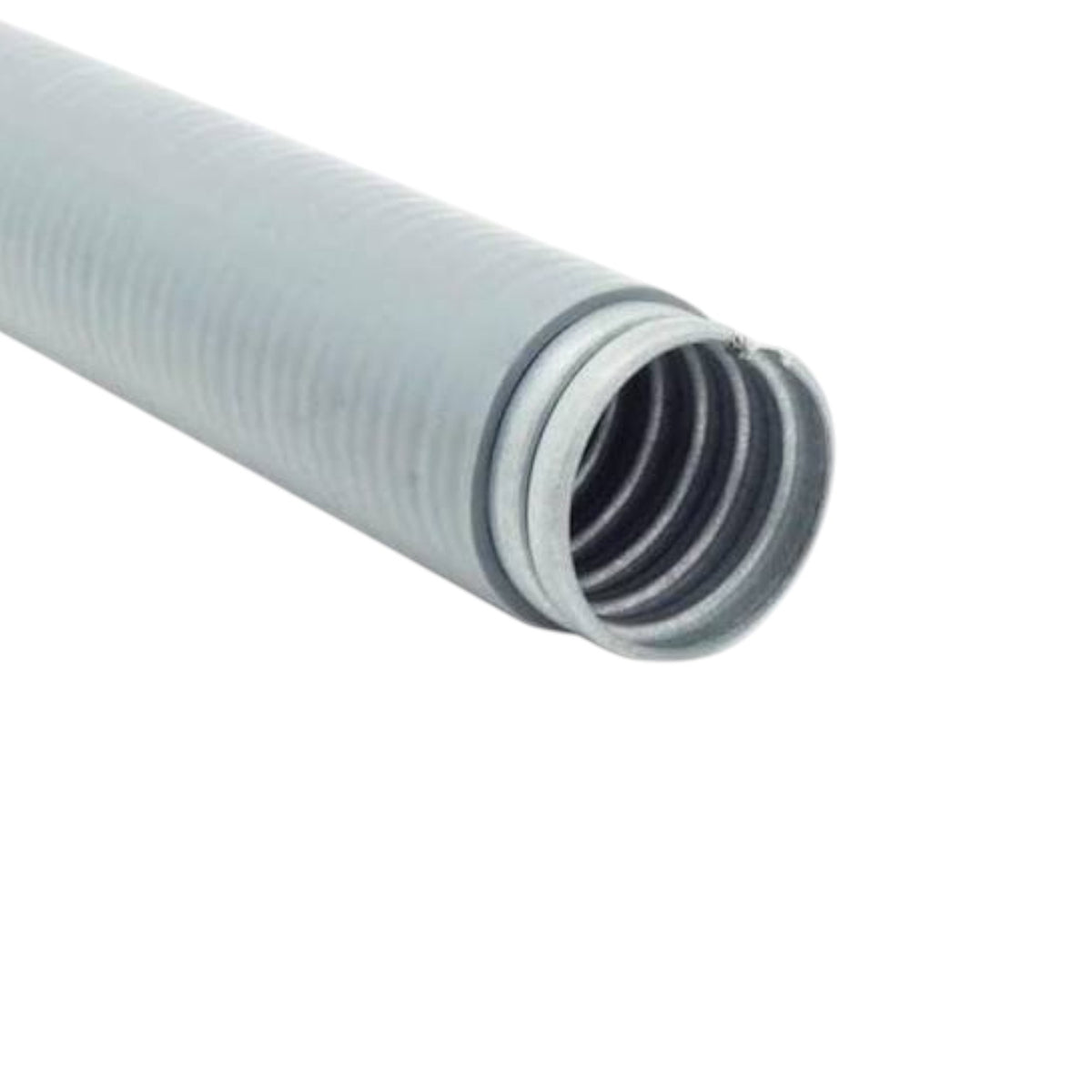 A close-up of a gray corrugated metal conduit pipe section showing the threaded end detail, isolated on a white background.