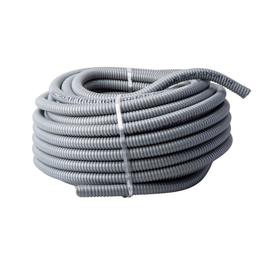 A coiled gray corrugated plastic electrical cable protective tube, secured with a white zip tie, on a solid white background.