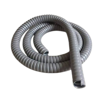 A coiled gray corrugated electrical cable protective tube on a plain white background.
