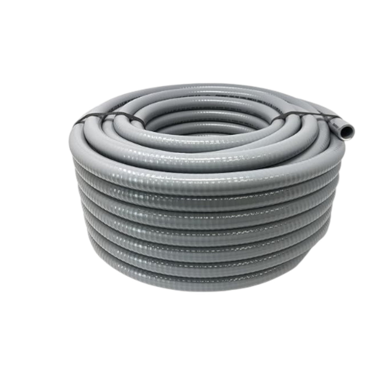 A coiled gray corrugated plastic or metal hose with a threaded end, photographed on a plain white background.