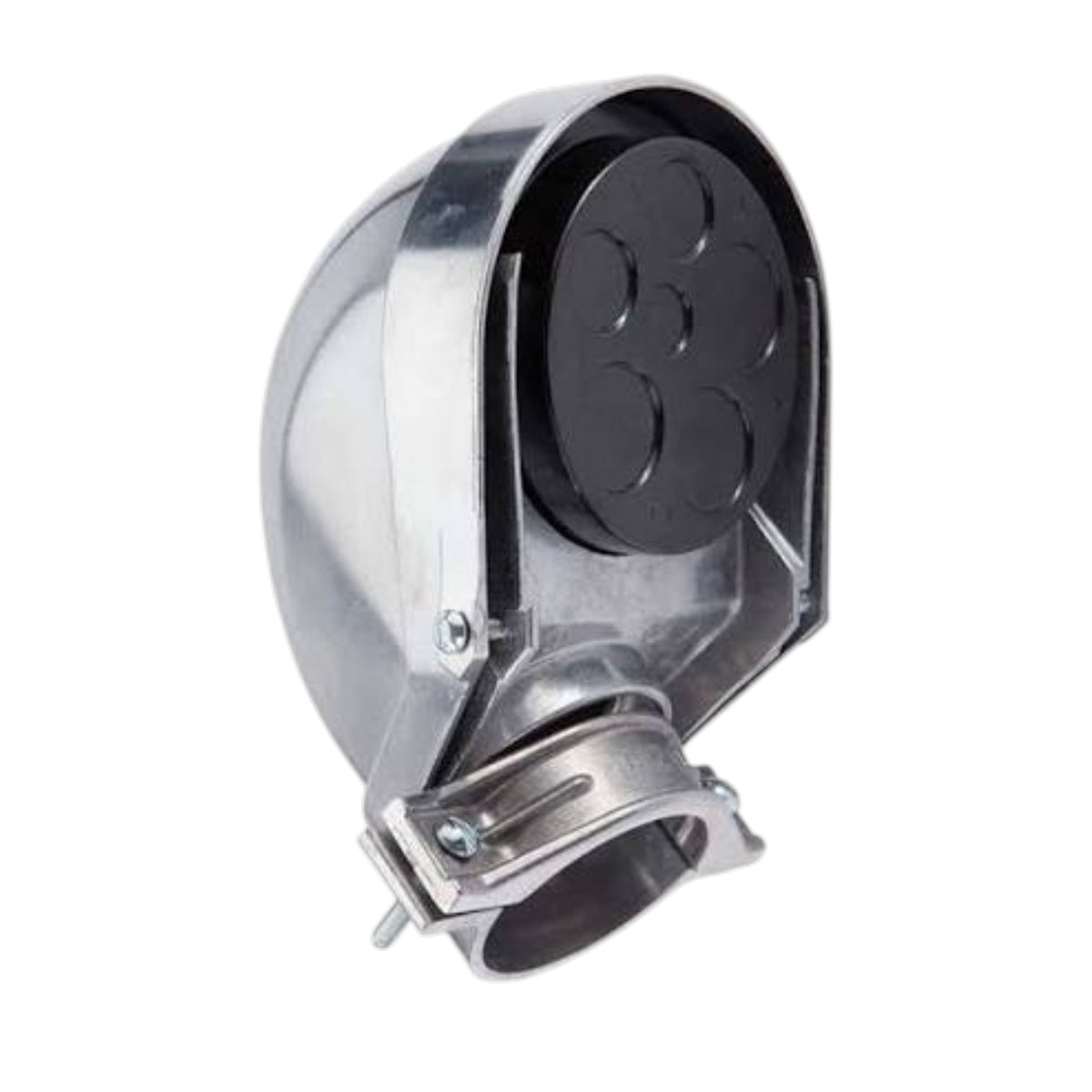 A silver metal elbow duct with a black circular filter element visible inside, shown on a plain white background.