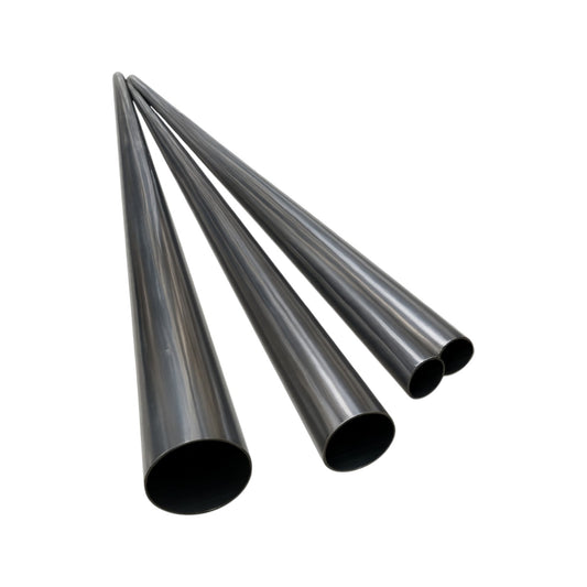 Three long, smooth, dark gray metallic tubes arranged in a fan shape on a plain white background.