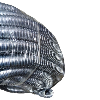 Coiled metal duct on a white background