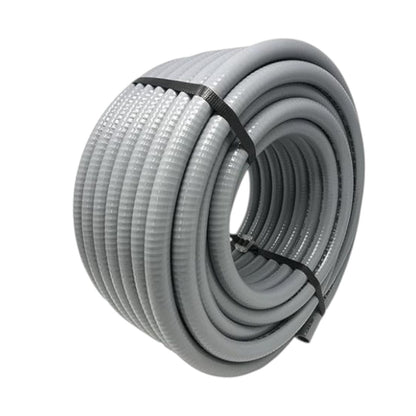 A coiled gray corrugated flexible pipe or hose secured with black straps, shown on a plain white background.