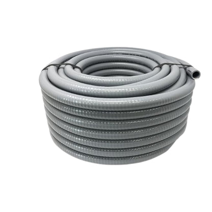 A coiled gray corrugated plastic or metal hose with a threaded end, photographed on a plain white background.
