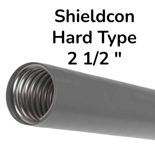 A close-up of a gray Shieldcon hard type 2 1/2 inch pipe fitting showing the threaded male end, with text overlay on a white background.