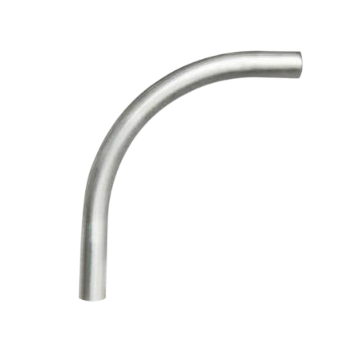A curved stainless steel pipe or tube segment with a brushed metallic finish, isolated on a white background.