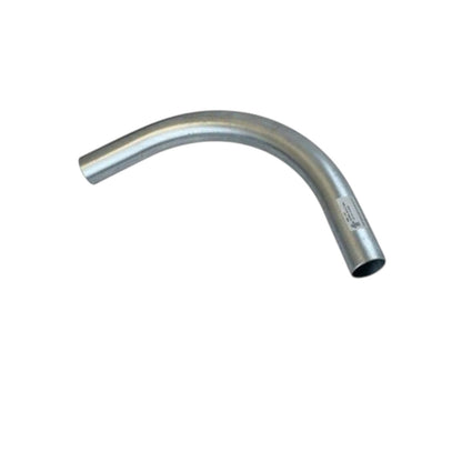 A curved metallic pipe fitting with a silver finish, isolated on a white background.