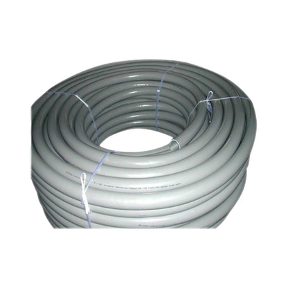 A coiled roll of gray plastic pipe or tubing secured with white ties, shown against a plain white background.