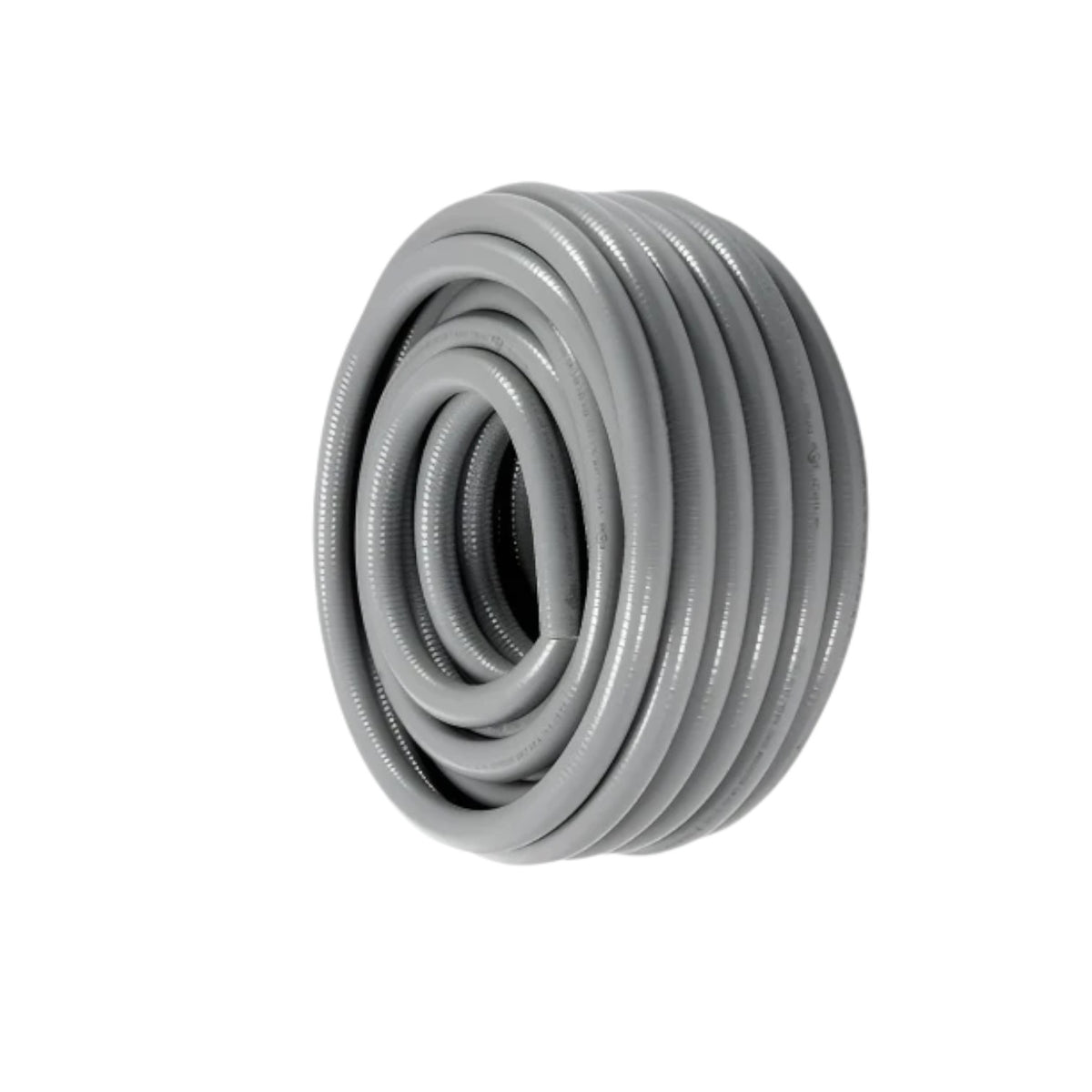 A coiled gray flexible hose or tube, photographed on a plain white background.