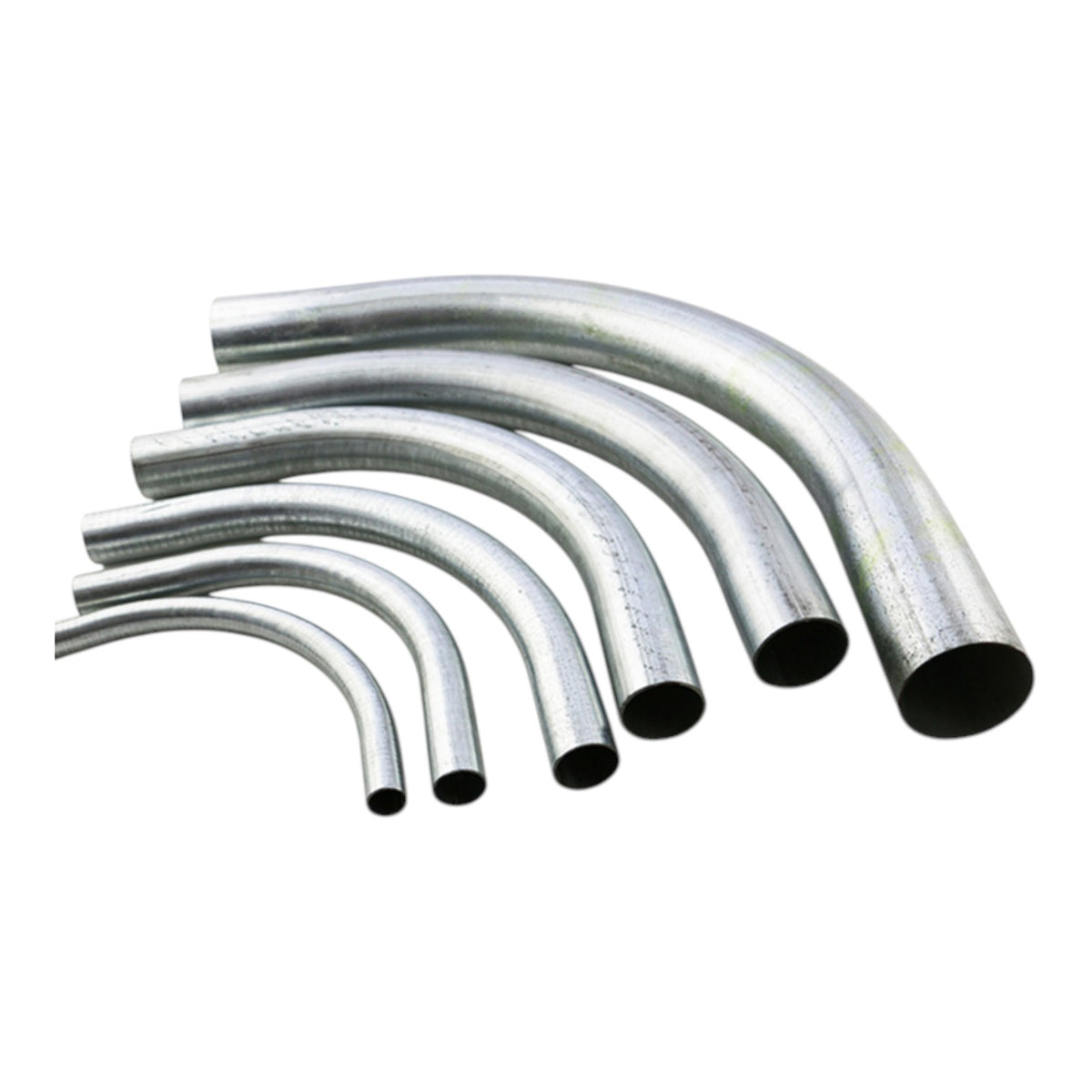 Six curved galvanized metal pipes in varying diameters, arranged in a fan shape on a plain white background.