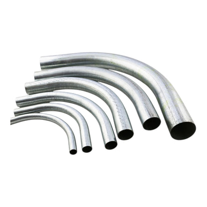 Six curved galvanized metal pipes in varying diameters, arranged in a fan shape on a plain white background.