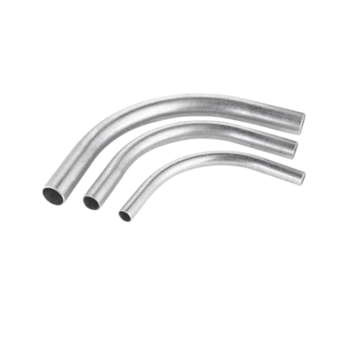 Three curved metal tubes of varying diameters, made of galvanized steel, arranged diagonally on a plain white background.