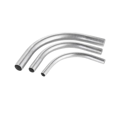 Three curved metal tubes of varying diameters, made of galvanized steel, arranged diagonally on a plain white background.