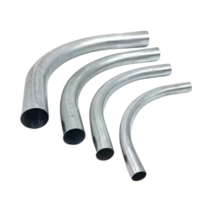 Four curved metal pipes in different sizes, arranged diagonally on a plain white background.