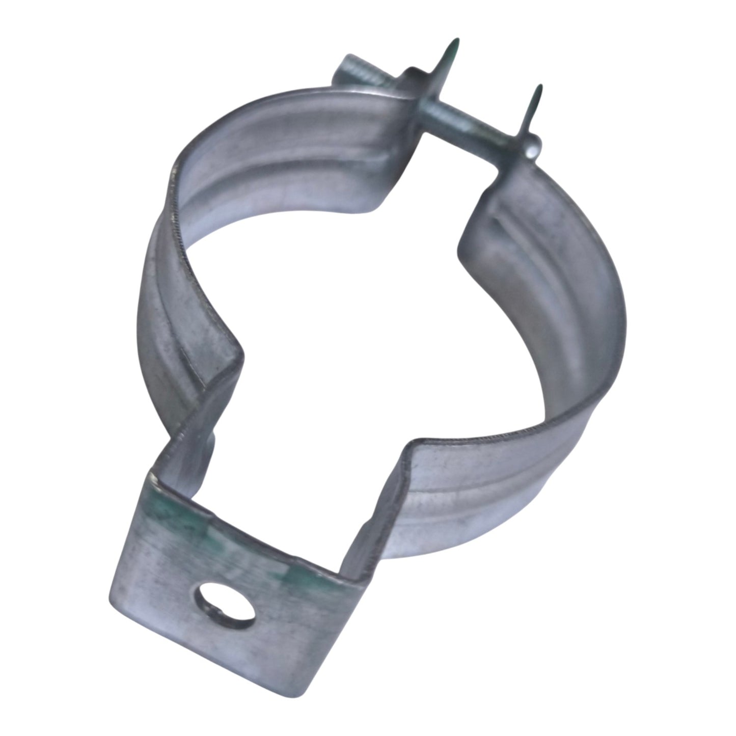 Galvanized metal pipe clamp with a mounting bracket and two spring-loaded pins, isolated on a white background.