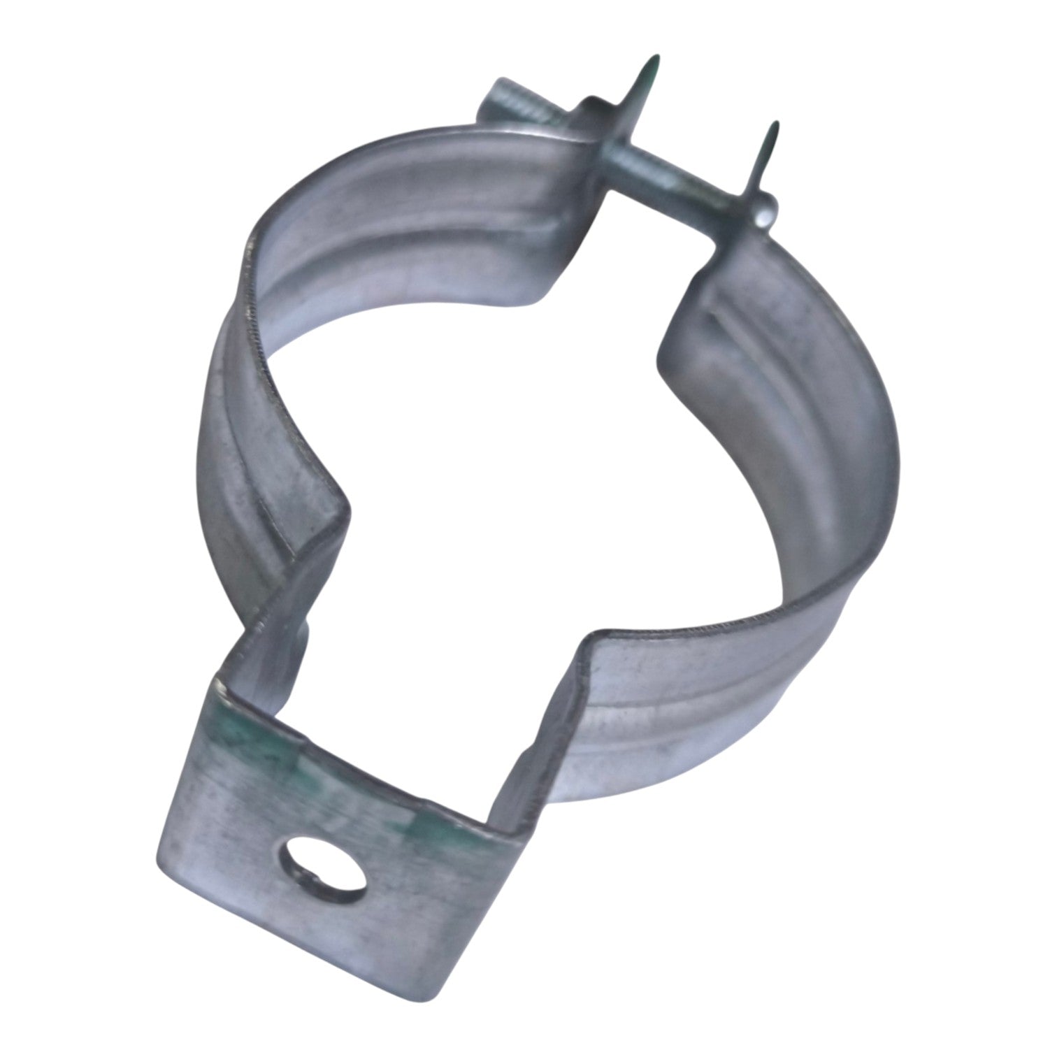 Galvanized metal pipe clamp with a mounting bracket and two spring-loaded pins, isolated on a white background.