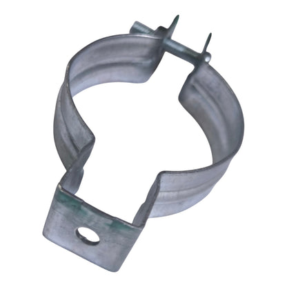 Galvanized metal pipe clamp with a mounting bracket and two spring-loaded pins, isolated on a white background.