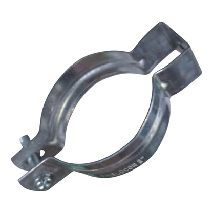 A galvanized steel hose clamp with a 1/2-inch opening, featuring a flat spring clip and a thumbscrew closure, shown on a plain white background.