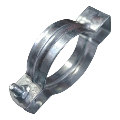 Galvanized steel pipe clamp with a threaded bolt fastener, shown on a plain white background.