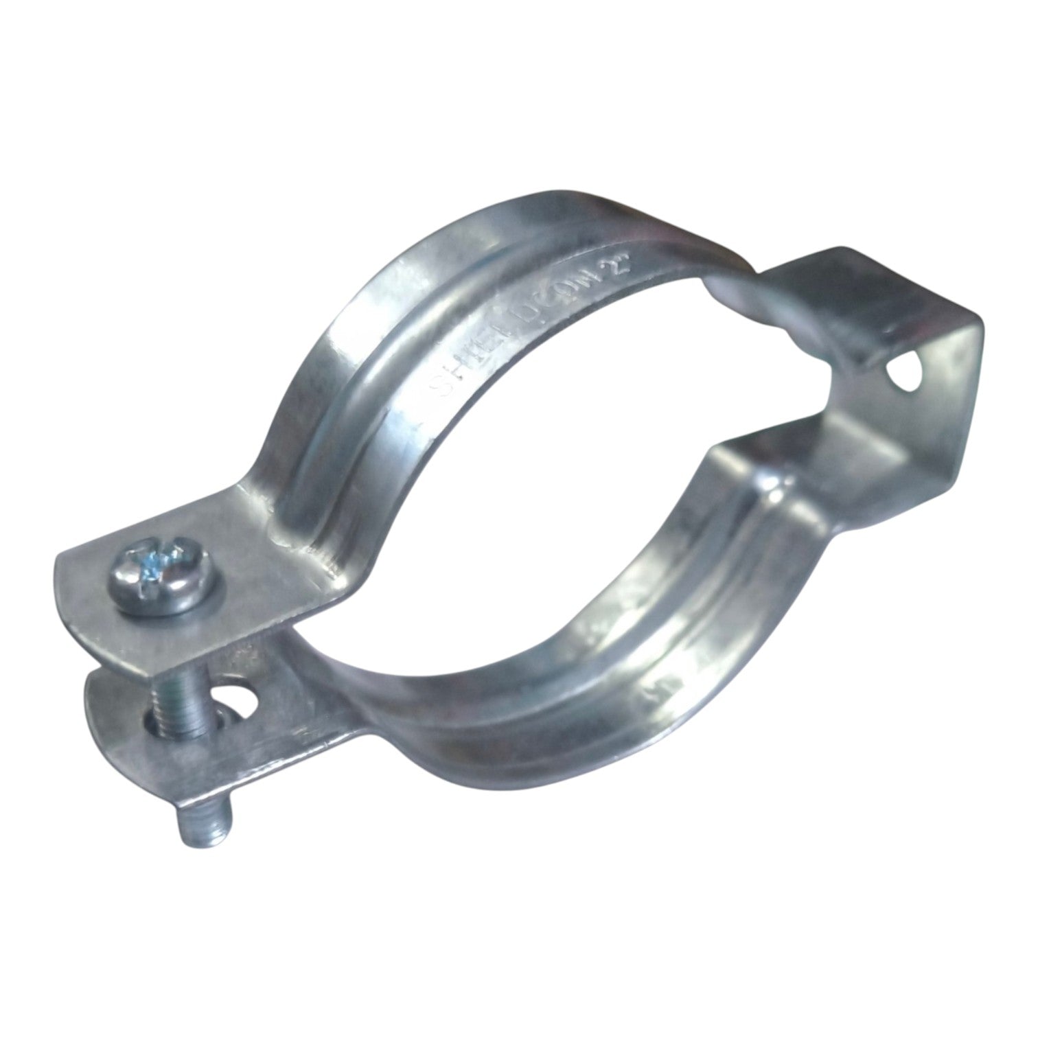 Galvanized steel pipe clamp with a wing nut fastener, shown on a plain white background.