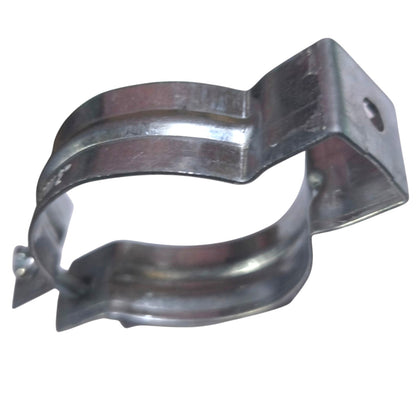 A galvanized steel hose clamp with a mounting hole on the outer bracket, shown on a plain white background.