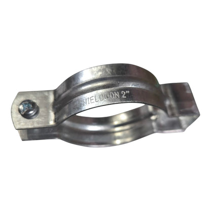 A galvanized steel clamp fitting with 'SHELDCON 2"' engraved on the inner band, shown on a plain white background.
