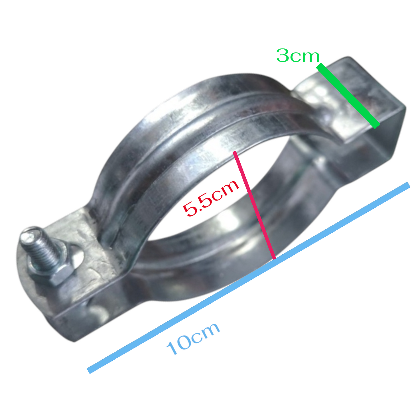 Galvanized metal clamp with overlaid dimension lines showing 10cm length, 5.5cm height, 3cm width, on a plain white background.