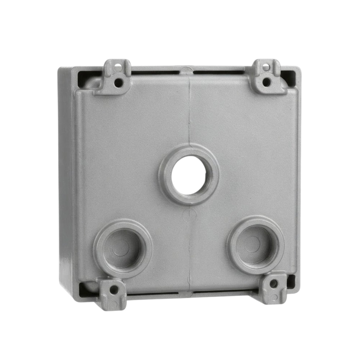A gray plastic junction box cover with a central circular opening and three bottom mounting holes, shown on a plain white background.