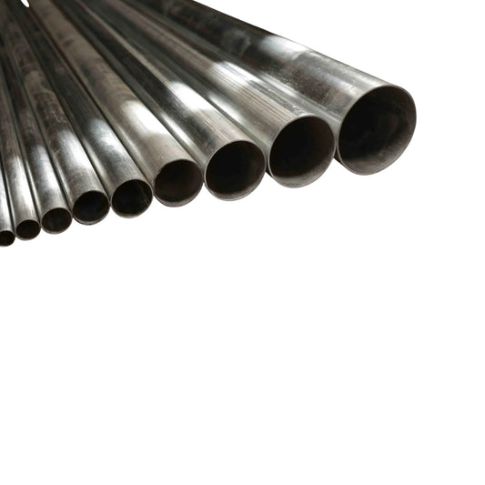 A set of metallic steel pipes of varying diameters arranged in a fan shape against a plain white background.