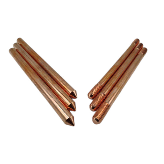 Six copper-colored metal ground stakes or pins arranged in two groups on a plain white background, with two threaded ends visible.