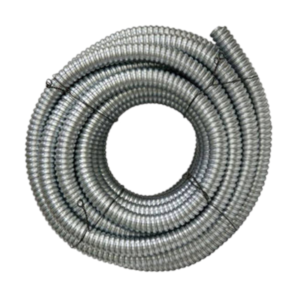 A coiled silver metal conduit or corrugated tubing roll, photographed on a plain white background.
