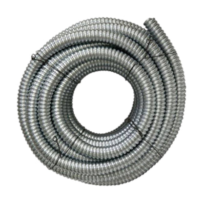 A coiled silver metal conduit or corrugated tubing roll, photographed on a plain white background.
