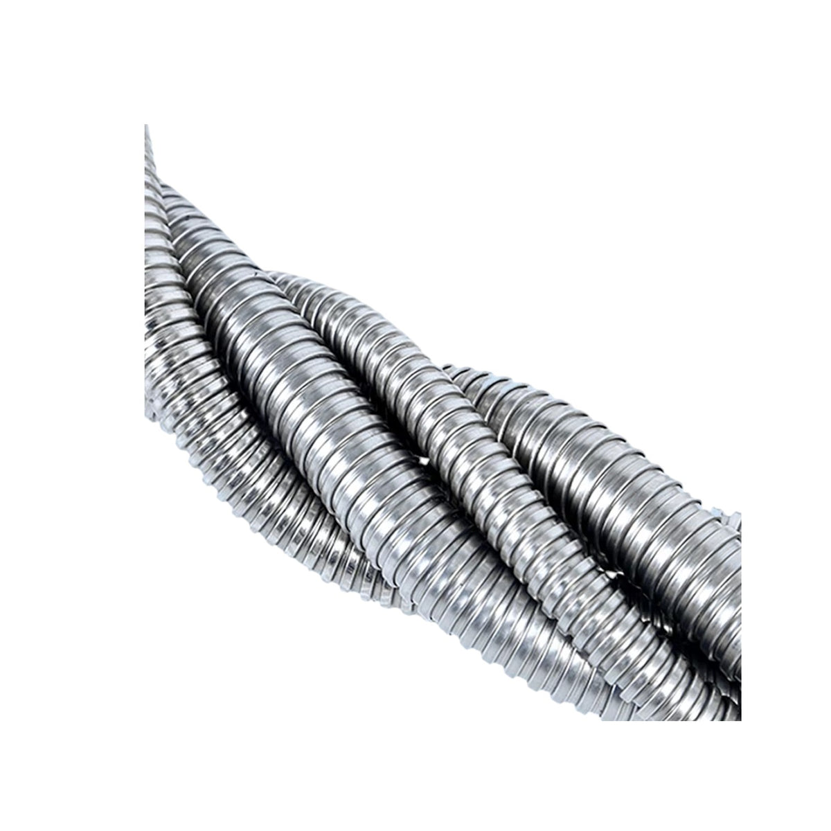 A bundle of silver metallic corrugated ductile iron pipes arranged in a curved, twisted formation on a solid white background.