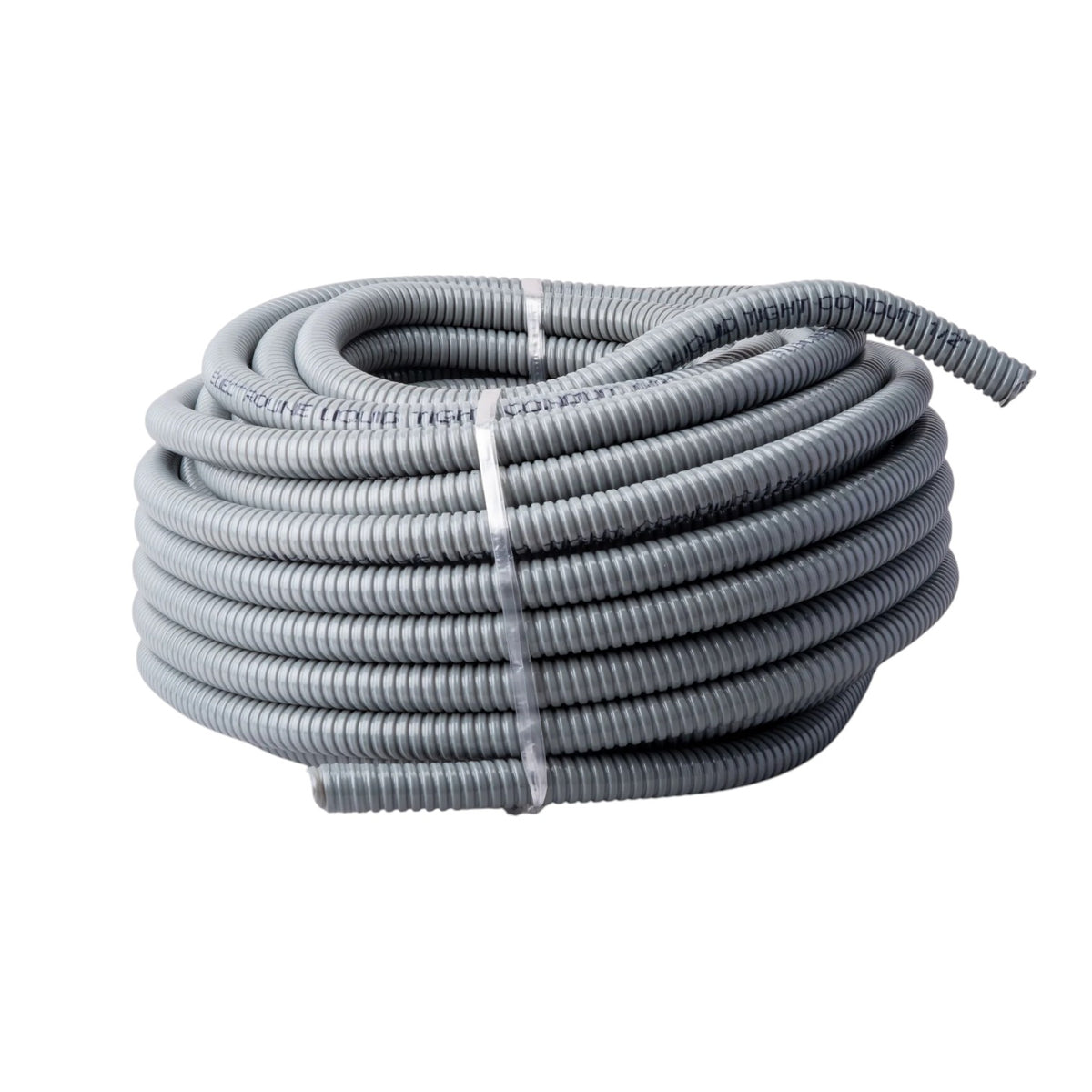 A coiled gray corrugated plastic electrical cable protective tube, secured with a white zip tie, on a solid white background.