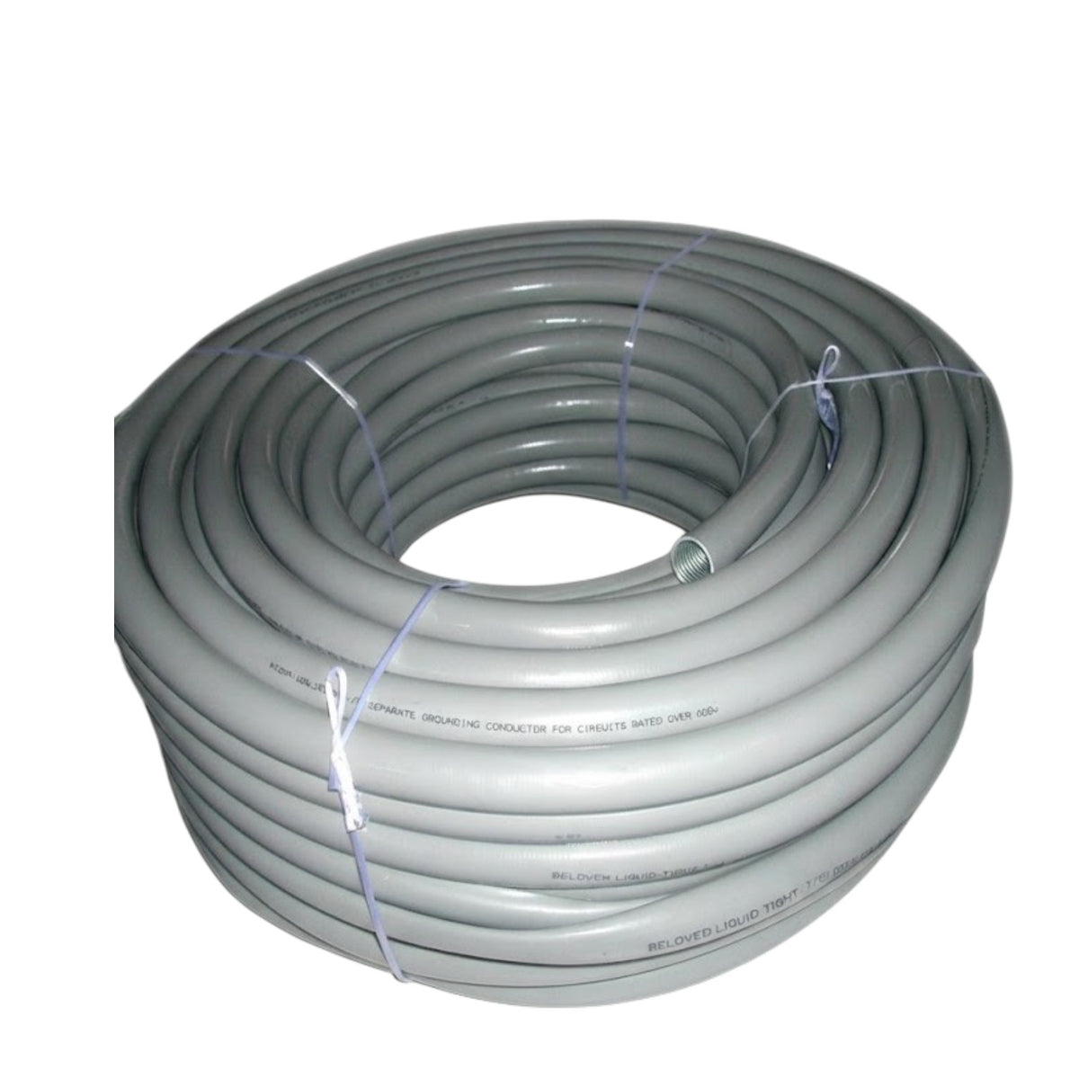 A coiled roll of gray PVC conduit pipe secured with white plastic ties, shown against a plain white background.