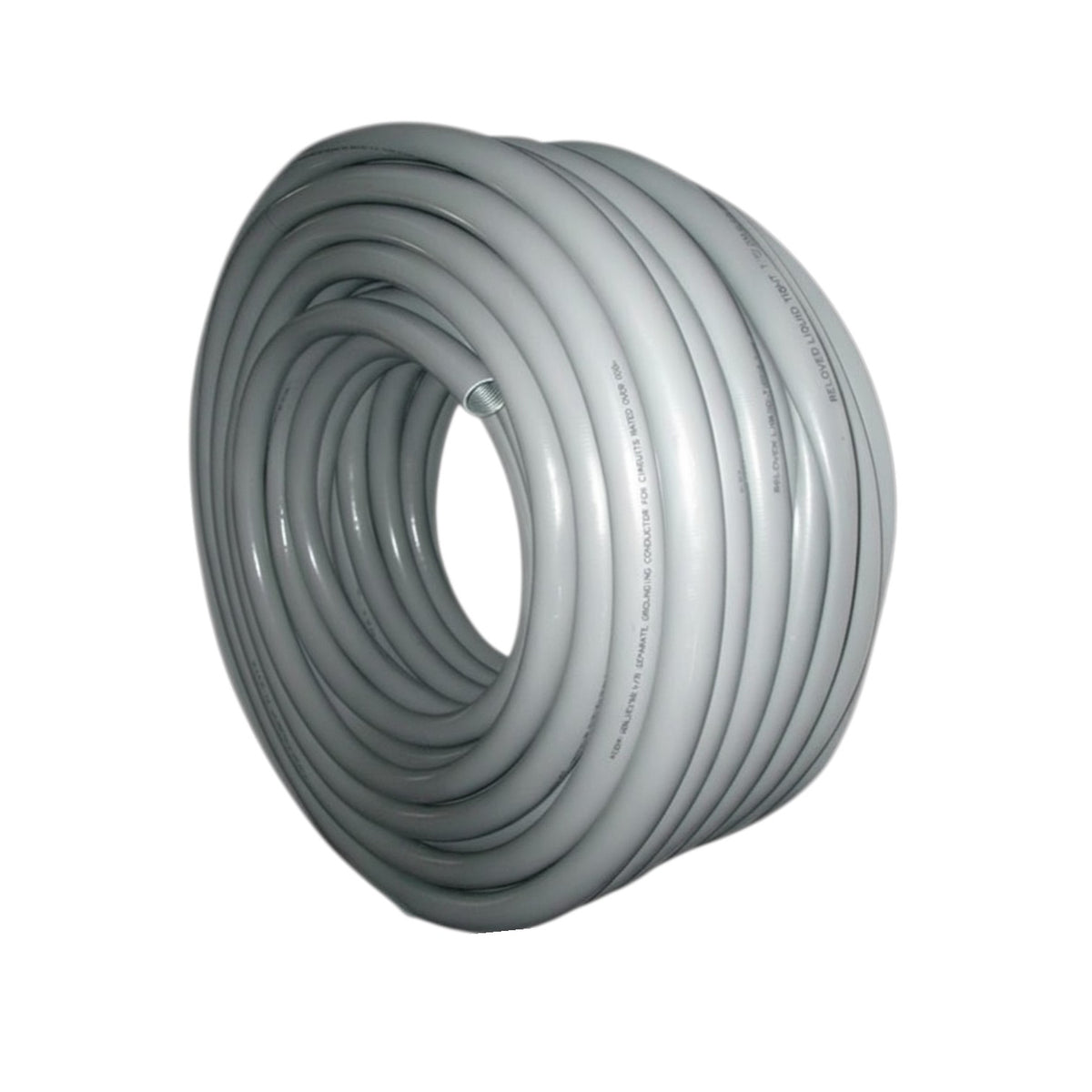 A coiled roll of light gray flexible tubing on a plain white background.