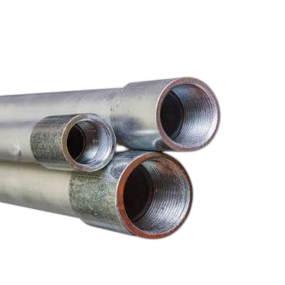 Three galvanized metal pipes with threaded ends, shown close-up against a plain white background.