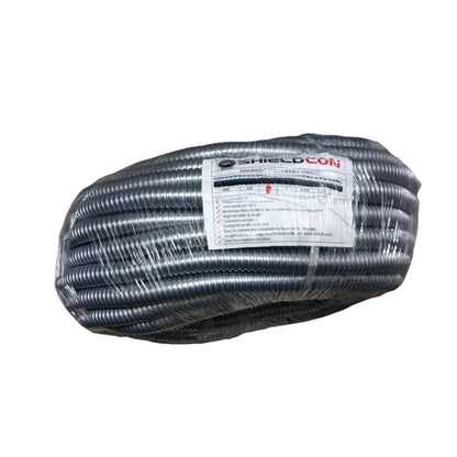A coiled roll of silver metallic shield mesh cable protective hose wrapped in clear plastic, featuring a white label with the brand name ShieldCon.