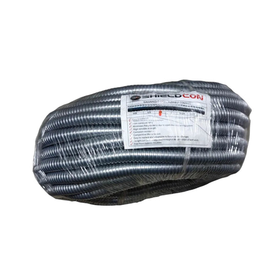 A coiled roll of silver metallic shield mesh cable protective hose wrapped in clear plastic, featuring a white label with the brand name ShieldCon.